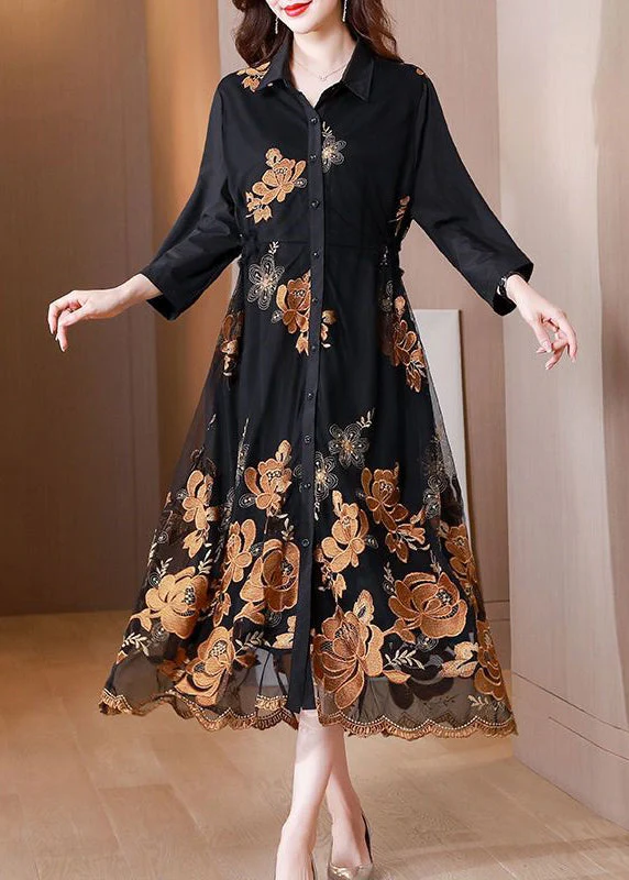 Fashion Black Embroideried Tie Waist Tulle Patchwork Shirts Long Dresses Fall - republicanstateiFashion Black Embroideried Tie Waist Tulle Patchwork Shirts Long Dresses Fall - republicanstatei