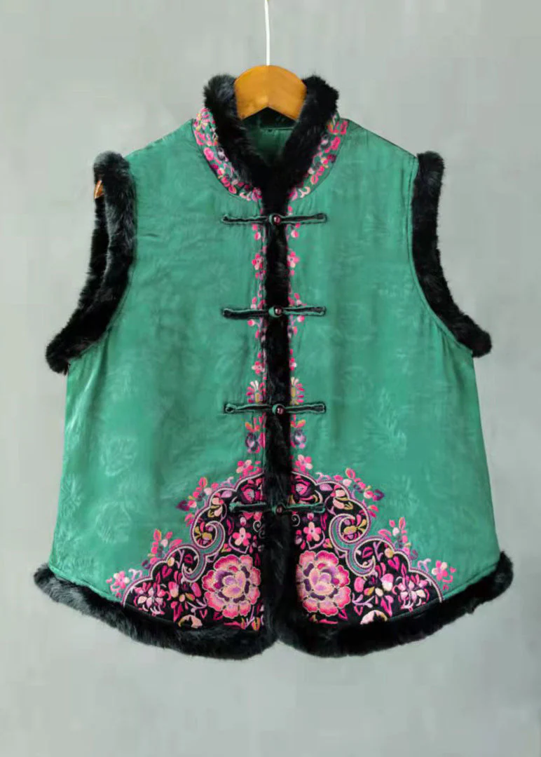 Chinese Style Green Rabbit Hair Collar Embroideried Floral Thick Cotton Waistcoat Sleeveless - republicanstateiChinese Style Green Rabbit Hair Collar Embroideried Floral Thick Cotton Waistcoat Sleeveless - republicanstatei