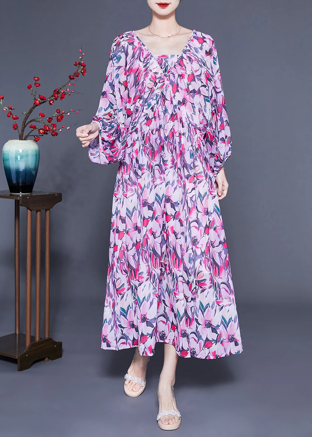 Art Purple Oversized Backless Print Chiffon Ankle Dress Lantern Sleeve - republicanstateiArt Purple Oversized Backless Print Chiffon Ankle Dress Lantern Sleeve - republicanstatei