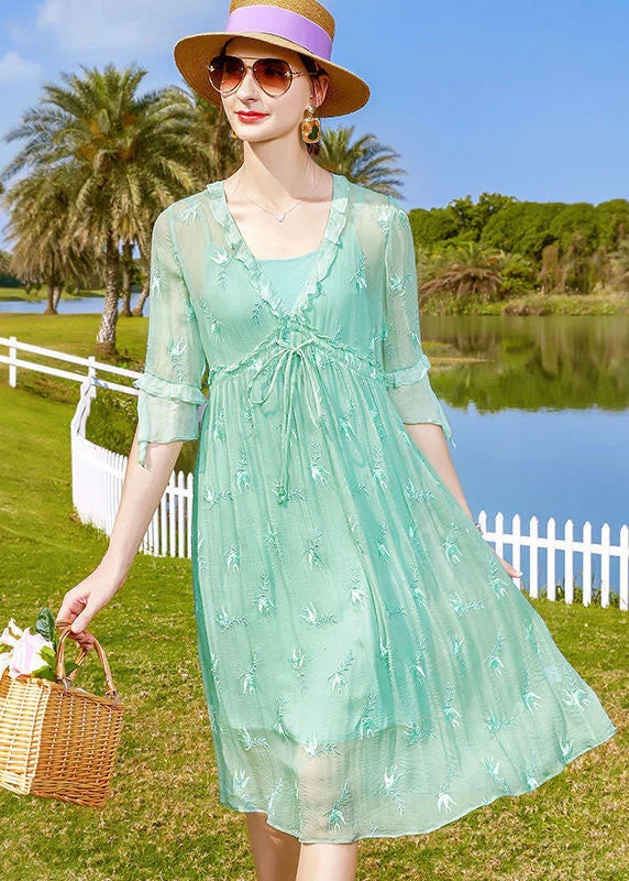 Fashion Light Green Embroideried Patchwork Tie Waist Silk Dresses Half Sleeve - republicanstateiFashion Light Green Embroideried Patchwork Tie Waist Silk Dresses Half Sleeve - republicanstatei