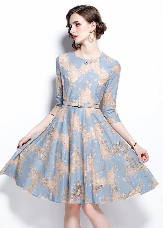 French Light Blue O-Neck Embroideried Lace Cinch Dresses Bracelet Sleeve - republicanstateiFrench Light Blue O-Neck Embroideried Lace Cinch Dresses Bracelet Sleeve - republicanstatei