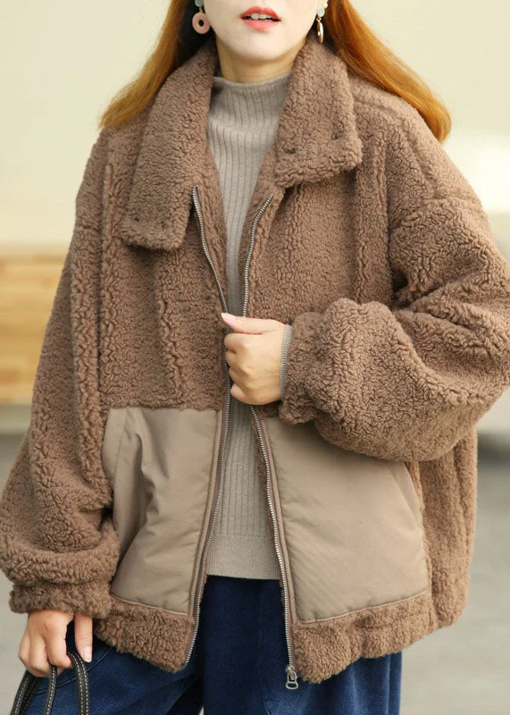Modern Khaki Peter Pan Collar Patchwork Pockets Teddy Faux Fur Puffers Jackets Winter - republicanstateiModern Khaki Peter Pan Collar Patchwork Pockets Teddy Faux Fur Puffers Jackets Winter - republicanstatei