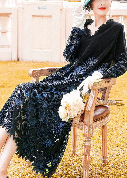 Fine Black Ruffled Embroideried Hollow Out Silk Velour Long Dress Spring - republicanstateiFine Black Ruffled Embroideried Hollow Out Silk Velour Long Dress Spring - republicanstatei