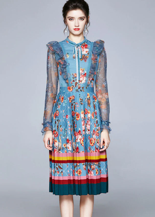 Italian Blue Ruffled Lace Up Print Tulle Patchwork Chiffon Dresses Fall - republicanstateiItalian Blue Ruffled Lace Up Print Tulle Patchwork Chiffon Dresses Fall - republicanstatei