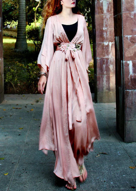 Women Light Pink V Neck Asymmetrical Exra Large Hem Silk Beach Cinch Dress Spring - republicanstateiWomen Light Pink V Neck Asymmetrical Exra Large Hem Silk Beach Cinch Dress Spring - republicanstatei