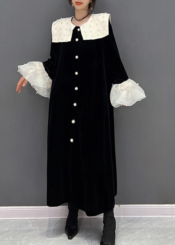 Novelty Black Peter Pan Collar Patchwork Nail Bead Button Velour Maxi Dress Fall - republicanstateiNovelty Black Peter Pan Collar Patchwork Nail Bead Button Velour Maxi Dress Fall - republicanstatei
