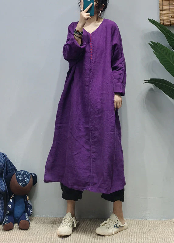 Loose Purple V Neck side open Embroideried pocket Linen Dresses Long Sleeve - republicanstateiLoose Purple V Neck side open Embroideried pocket Linen Dresses Long Sleeve - republicanstatei