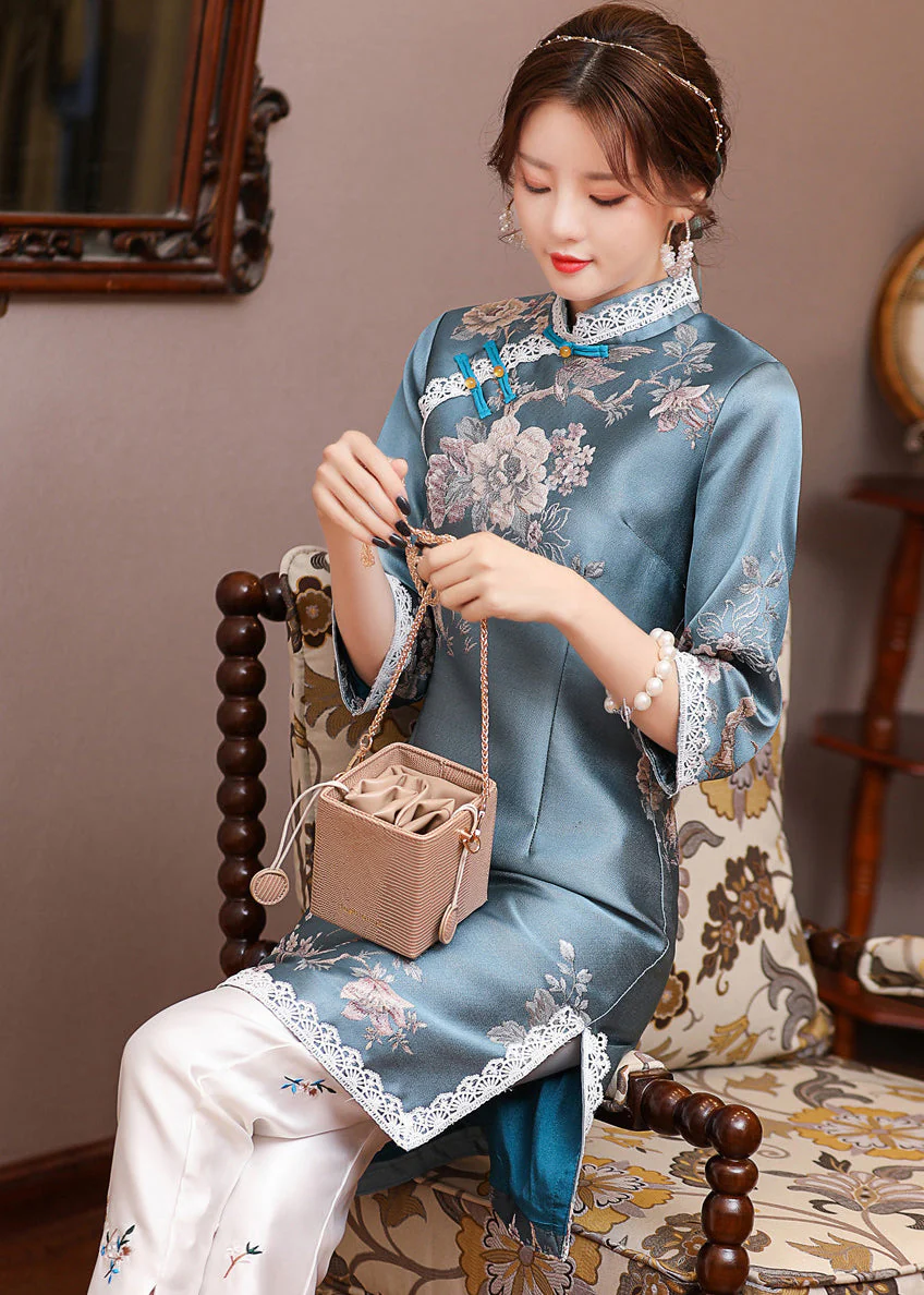 Jacquard Blue Stand Collar Side Open Button Satin Cheongsam Mid Dress Long Sleeve - republicanstateiJacquard Blue Stand Collar Side Open Button Satin Cheongsam Mid Dress Long Sleeve - republicanstatei