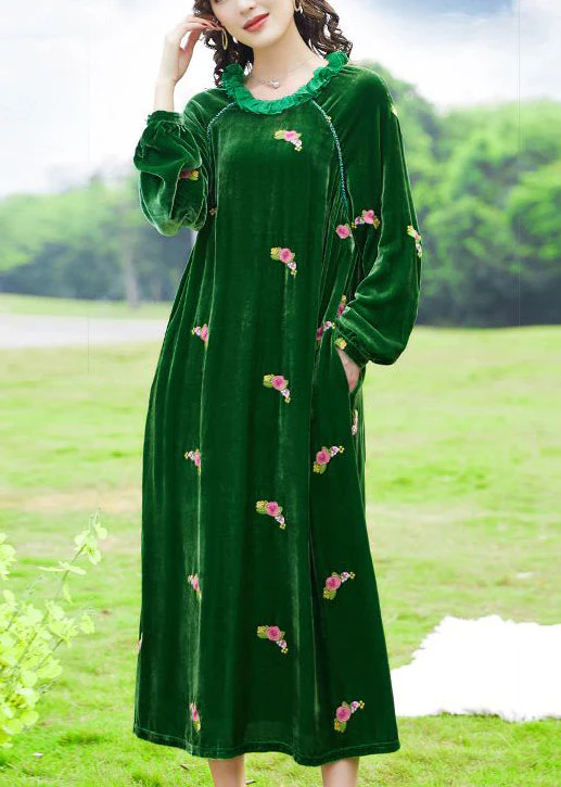 Chic Green Ruffled Embroideried Floral Silk Velour Maxi Dresses Spring - republicanstateiChic Green Ruffled Embroideried Floral Silk Velour Maxi Dresses Spring - republicanstatei