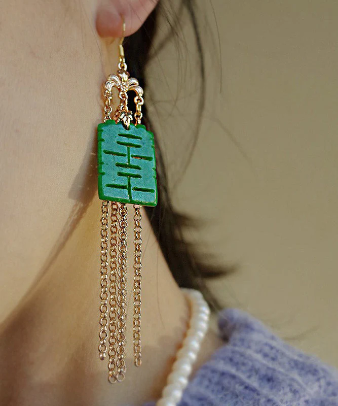 Modern Green Sterling Silver Jade Dry Green Gadeite Graphic Drop Tassel Earrings - republicanstateiModern Green Sterling Silver Jade Dry Green Gadeite Graphic Drop Tassel Earrings - republicanstatei