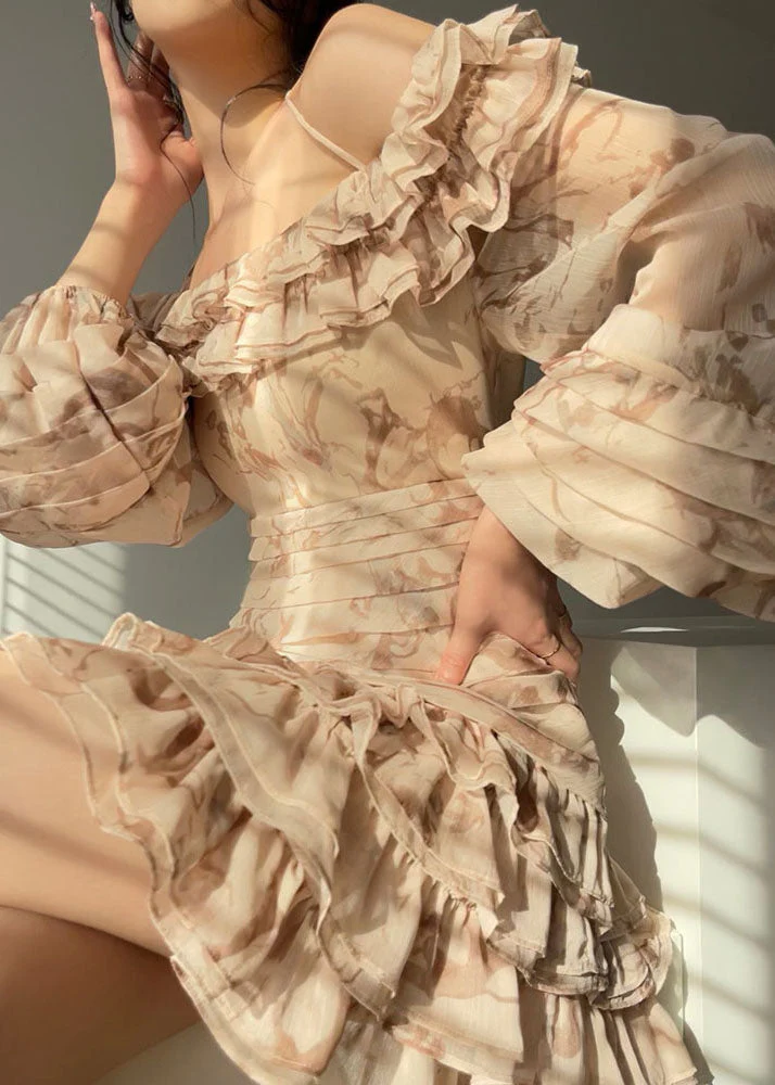 Boutique Beige Slash neck Ruffles Chiffon Maxi Spaghetti Strap Dresses Puff Sleeve - republicanstateiBoutique Beige Slash neck Ruffles Chiffon Maxi Spaghetti Strap Dresses Puff Sleeve - republicanstatei