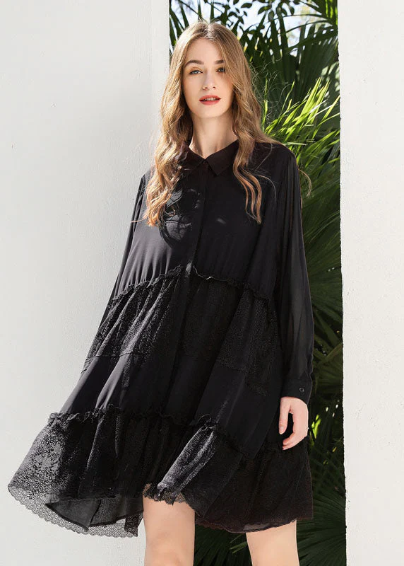 Fashion Black Peter Pan Collar Lace Patchwork Chiffon Holiday Dress Spring - republicanstateiFashion Black Peter Pan Collar Lace Patchwork Chiffon Holiday Dress Spring - republicanstatei