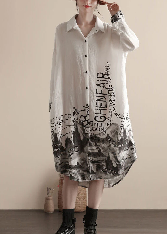 Women White Peter Pan Collar Print Patchwork Linen Shirts Dresses Spring - republicanstateiWomen White Peter Pan Collar Print Patchwork Linen Shirts Dresses Spring - republicanstatei