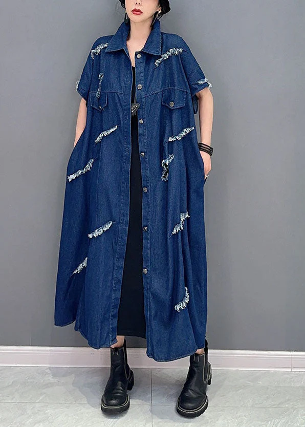 Plus Size Navy Oversized Cotton Ripped Denim Coat Outwear Short Sleeve - republicanstateiPlus Size Navy Oversized Cotton Ripped Denim Coat Outwear Short Sleeve - republicanstatei