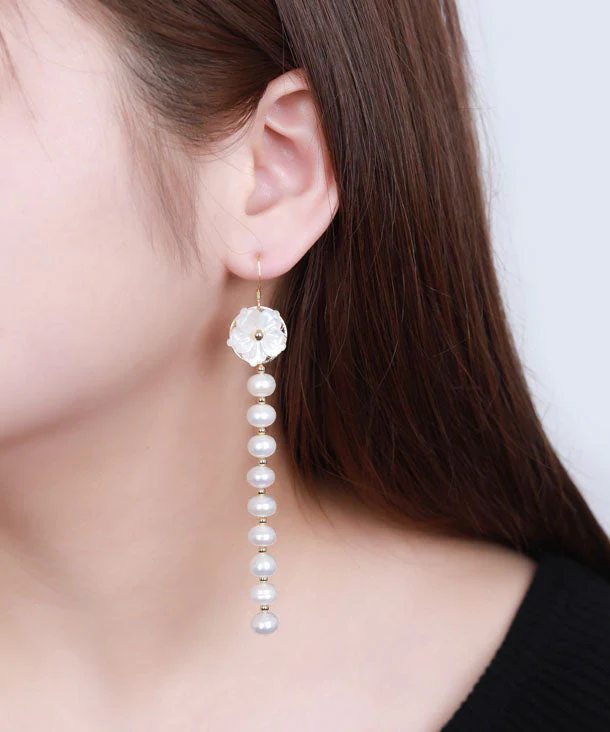 Skinny White Sterling Silver Overgild Pearl Shell Flower Tassel Drop Earrings - republicanstateiSkinny White Sterling Silver Overgild Pearl Shell Flower Tassel Drop Earrings - republicanstatei