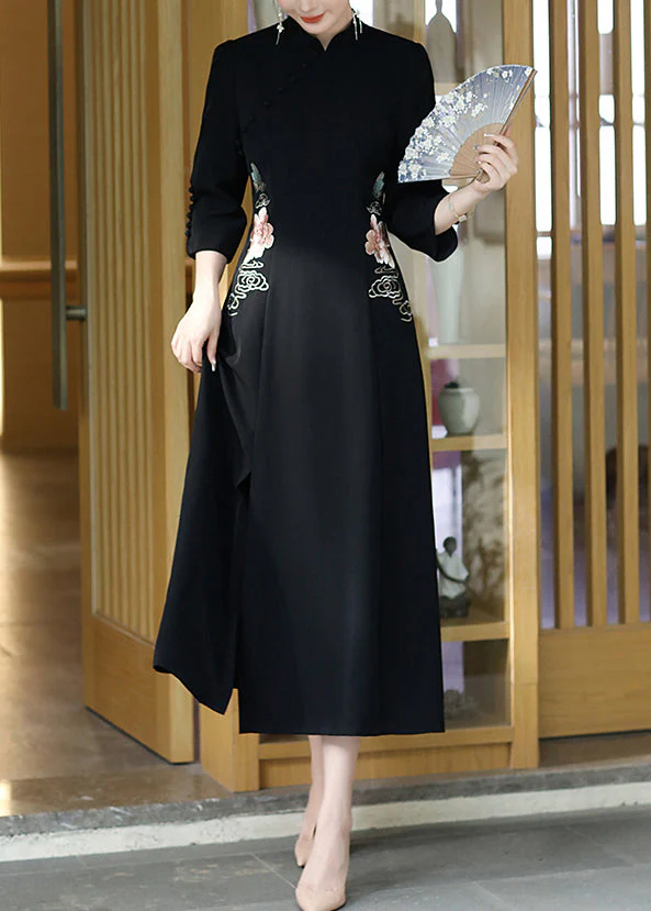 Vintage Black Stand Collar Embroideried Button Party Tulle Maxi Dress Long Sleeve - republicanstateiVintage Black Stand Collar Embroideried Button Party Tulle Maxi Dress Long Sleeve - republicanstatei