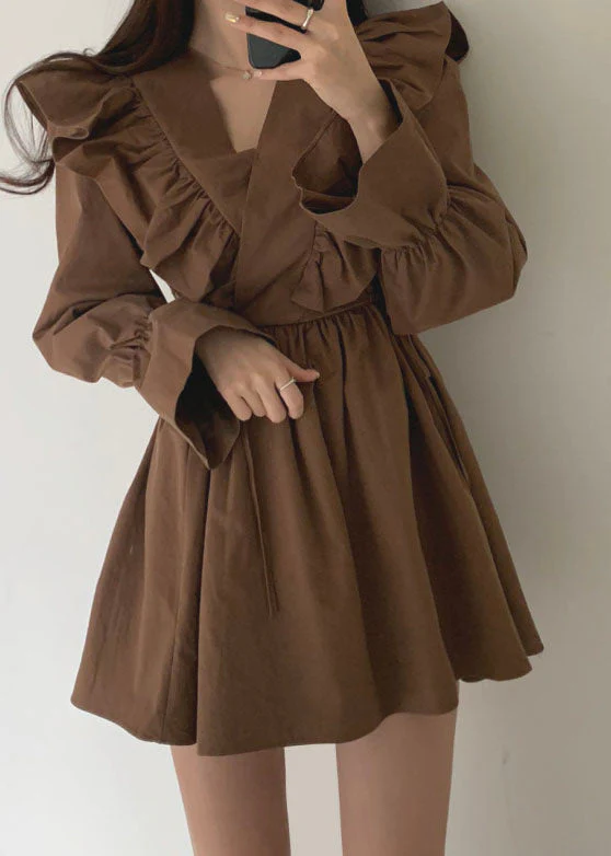 Modern Chocolate V Neck Ruffles Tie Waist Cotton Vacation Dress Spring - republicanstateiModern Chocolate V Neck Ruffles Tie Waist Cotton Vacation Dress Spring - republicanstatei