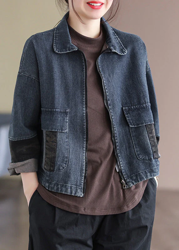 Vintage Blue Peter Pan Collar Patchwork Pockets Denim Coats Long Sleeve - republicanstateiVintage Blue Peter Pan Collar Patchwork Pockets Denim Coats Long Sleeve - republicanstatei