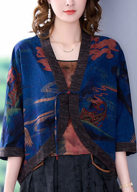 Boutique Blue V Neck Print Oriental Button Silk Loose Cardigan Batwing Sleeve - republicanstateiBoutique Blue V Neck Print Oriental Button Silk Loose Cardigan Batwing Sleeve - republicanstatei