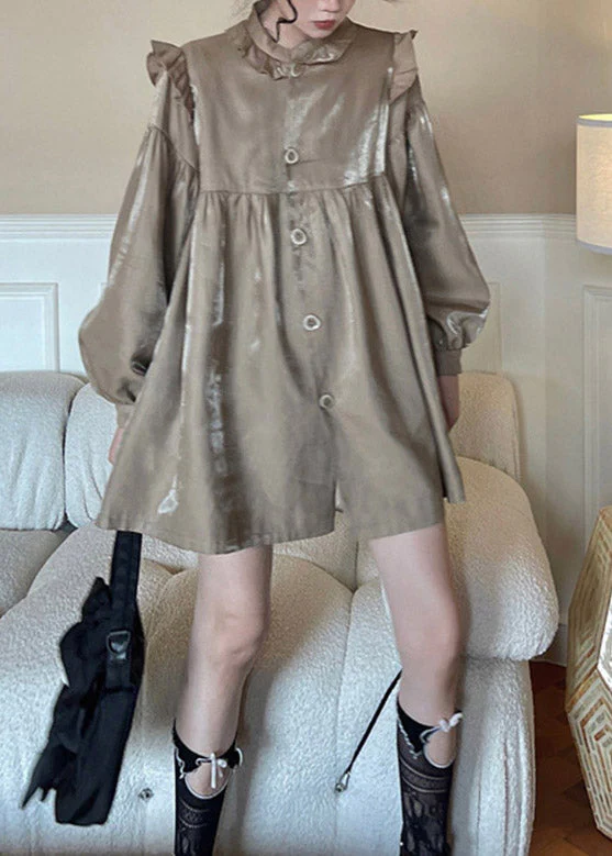 Boho LAight Chocolate Stand Collar Patchwork Ruffled Wrinkled Button Mid Dress Long Sleeve - republicanstateiBoho LAight Chocolate Stand Collar Patchwork Ruffled Wrinkled Button Mid Dress Long Sleeve - republicanstatei