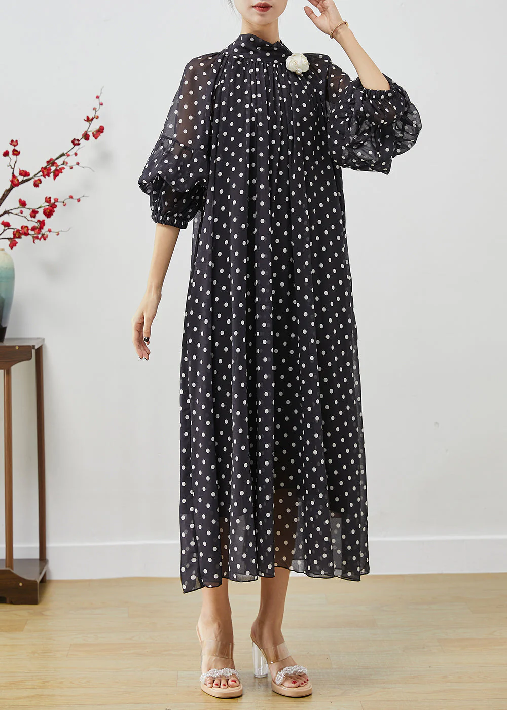 French Black Stand Collar Dot Print Chiffon Long Dress Vestidos Lantern Sleeve - republicanstateiFrench Black Stand Collar Dot Print Chiffon Long Dress Vestidos Lantern Sleeve - republicanstatei