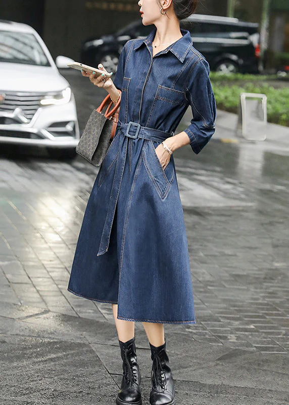 Bohemian Blue Peter Pan Collar Patchwork Sashes Long Denim Dresses Fall - republicanstateiBohemian Blue Peter Pan Collar Patchwork Sashes Long Denim Dresses Fall - republicanstatei
