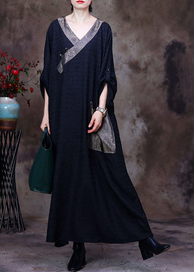 Vintage Black Patchwork Pocket Wrinkled Oriental Button Silk Dress Long Sleeve - republicanstateiVintage Black Patchwork Pocket Wrinkled Oriental Button Silk Dress Long Sleeve - republicanstatei