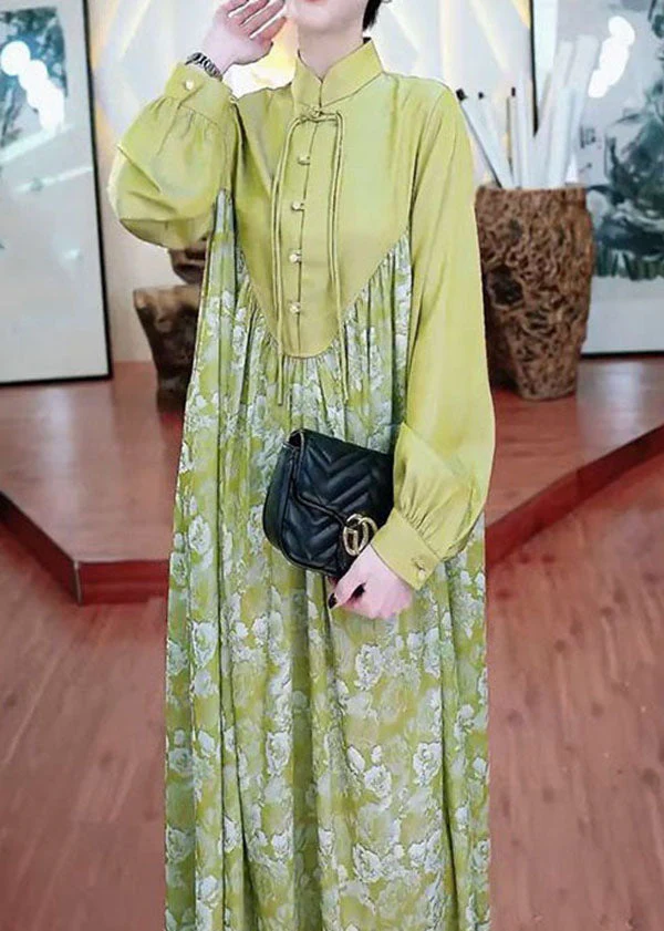 Retro Green Tasseled Wrinkled Print Patchwork Silk Long Dresses Spring - republicanstateiRetro Green Tasseled Wrinkled Print Patchwork Silk Long Dresses Spring - republicanstatei