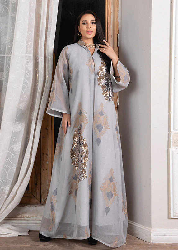 Women White Stand Collar Embroideried Sequins Tulle Maxi Dresses Long Sleeve - republicanstateiWomen White Stand Collar Embroideried Sequins Tulle Maxi Dresses Long Sleeve - republicanstatei