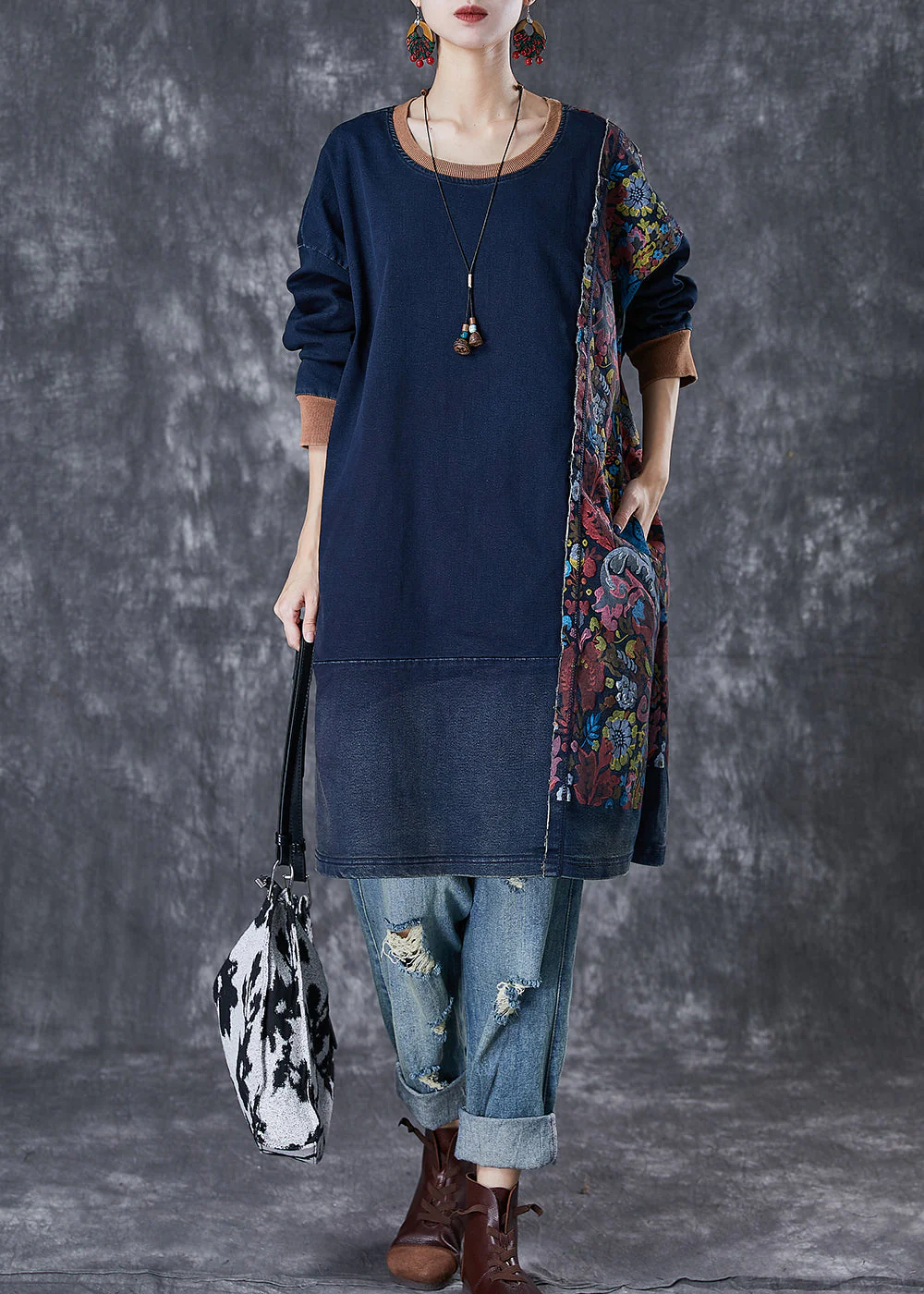 Style Navy Asymmetrical Patchwork Cotton Pullover Streetwear Dress Fall - republicanstateiStyle Navy Asymmetrical Patchwork Cotton Pullover Streetwear Dress Fall - republicanstatei
