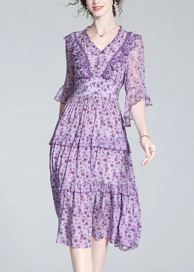 Fashion Purple V Neck Print Wrinkled Button Silk Long Dress Half Sleeve - republicanstateiFashion Purple V Neck Print Wrinkled Button Silk Long Dress Half Sleeve - republicanstatei