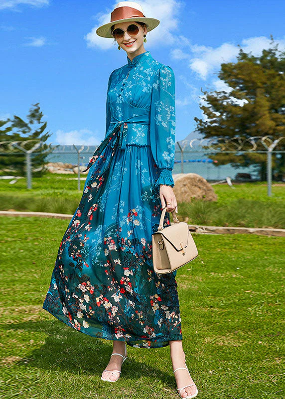 Fine Peacock Blue Mandarin Collar Ruffled Print Chiffon Cinch Dresses Spring - republicanstateiFine Peacock Blue Mandarin Collar Ruffled Print Chiffon Cinch Dresses Spring - republicanstatei