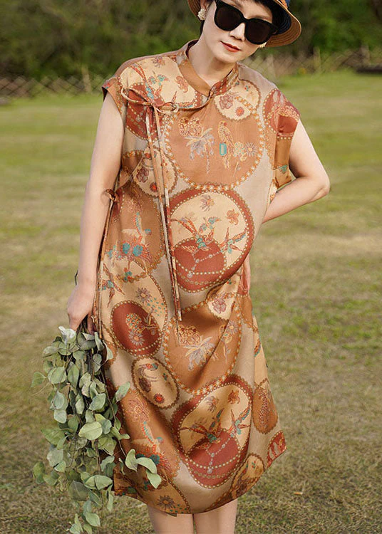 Original Design Khaki Mandarin Collar Print Side Open 2024 Silk Dresses Sleeveless - republicanstateiOriginal Design Khaki Mandarin Collar Print Side Open 2024 Silk Dresses Sleeveless - republicanstatei