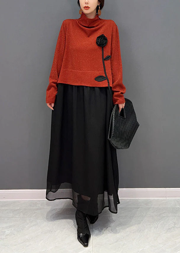 Elegant Red Turtle Neck Floral Patchwork Tulle Fake Two Piece Dresses Spring - republicanstateiElegant Red Turtle Neck Floral Patchwork Tulle Fake Two Piece Dresses Spring - republicanstatei