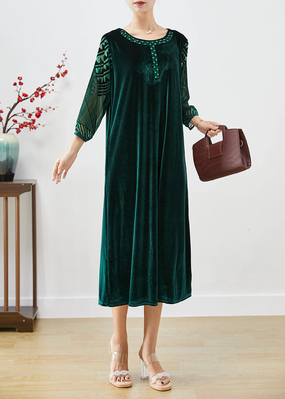 Italian Blackish Green Hollow Out Zircon Silk Velour Long Dresses Bracelet Sleeve - republicanstateiItalian Blackish Green Hollow Out Zircon Silk Velour Long Dresses Bracelet Sleeve - republicanstatei