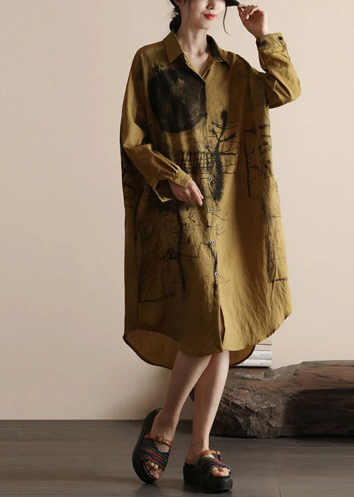 Organic Yellow Peter Pan Collar Print Patchwork Cotton Shirts Dress Spring - republicanstateiOrganic Yellow Peter Pan Collar Print Patchwork Cotton Shirts Dress Spring - republicanstatei