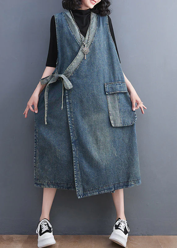 Casual Blue V Neck Asymmetrical Patchwork Tie Waist Denim Long Dresses Sleeveless - republicanstateiCasual Blue V Neck Asymmetrical Patchwork Tie Waist Denim Long Dresses Sleeveless - republicanstatei