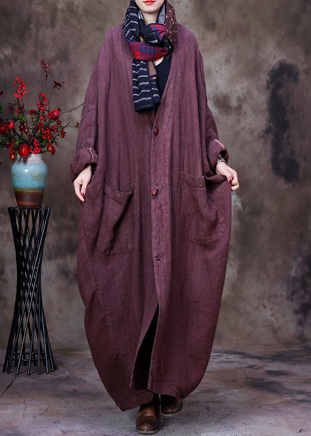 Chocolate Solid Linen Trench Coat V Neck Handmade Floral Long Sleeve - republicanstateiChocolate Solid Linen Trench Coat V Neck Handmade Floral Long Sleeve - republicanstatei