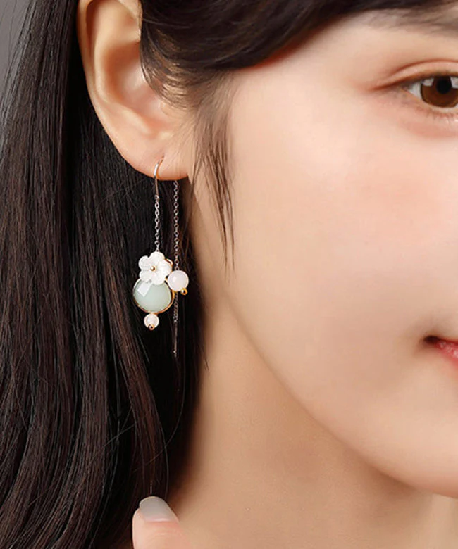 Unique Light Green Sterling Silver White Coloured Glaze Agate Shell Flower Drop Earrings - republicanstateiUnique Light Green Sterling Silver White Coloured Glaze Agate Shell Flower Drop Earrings - republicanstatei