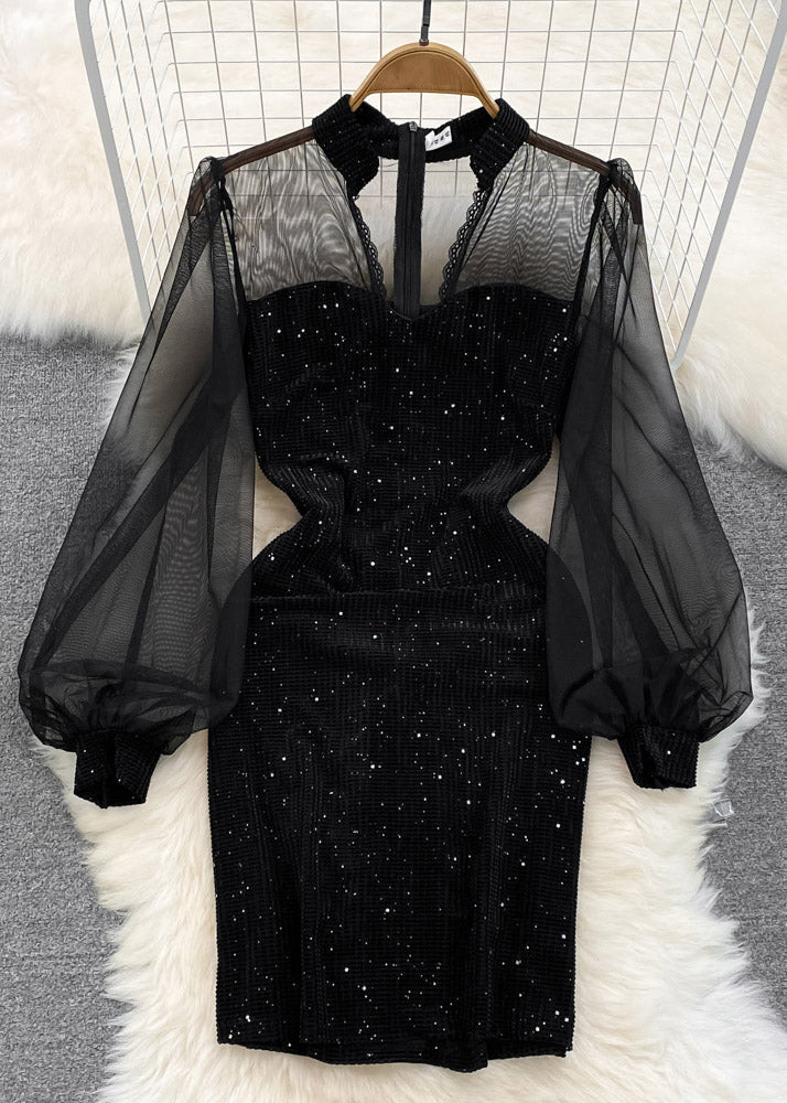 Beautiful Black V Neck Sequins Patchwork Tulle Tunic Mid Dress Lantern Sleeve - republicanstateiBeautiful Black V Neck Sequins Patchwork Tulle Tunic Mid Dress Lantern Sleeve - republicanstatei