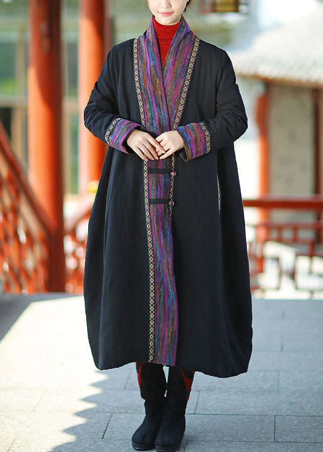 Plus Size Black V Neck Patchwork Fine Cotton Filled Long Coats Winter - republicanstateiPlus Size Black V Neck Patchwork Fine Cotton Filled Long Coats Winter - republicanstatei