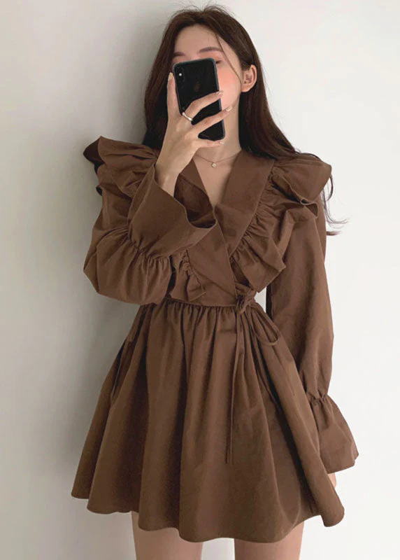 Modern Chocolate V Neck Ruffles Tie Waist Cotton Vacation Dress Spring - republicanstateiModern Chocolate V Neck Ruffles Tie Waist Cotton Vacation Dress Spring - republicanstatei