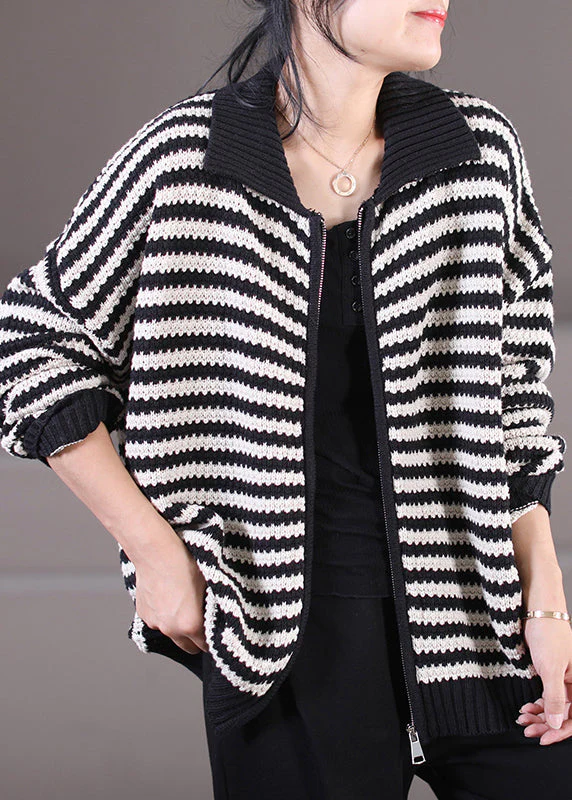 Stylish Black Peter Pan Collar Zippered Striped Knit Sweaters Coats Long Sleeve - republicanstateiStylish Black Peter Pan Collar Zippered Striped Knit Sweaters Coats Long Sleeve - republicanstatei
