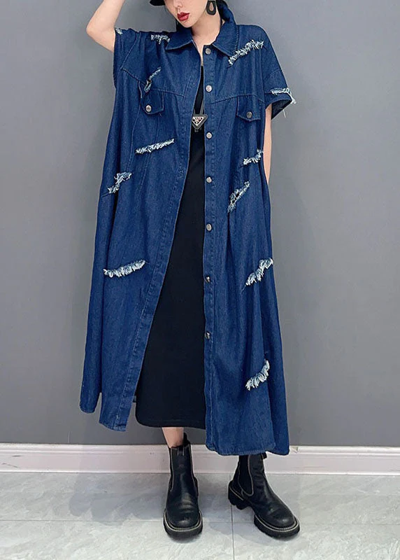 Plus Size Navy Oversized Cotton Ripped Denim Coat Outwear Short Sleeve - republicanstateiPlus Size Navy Oversized Cotton Ripped Denim Coat Outwear Short Sleeve - republicanstatei