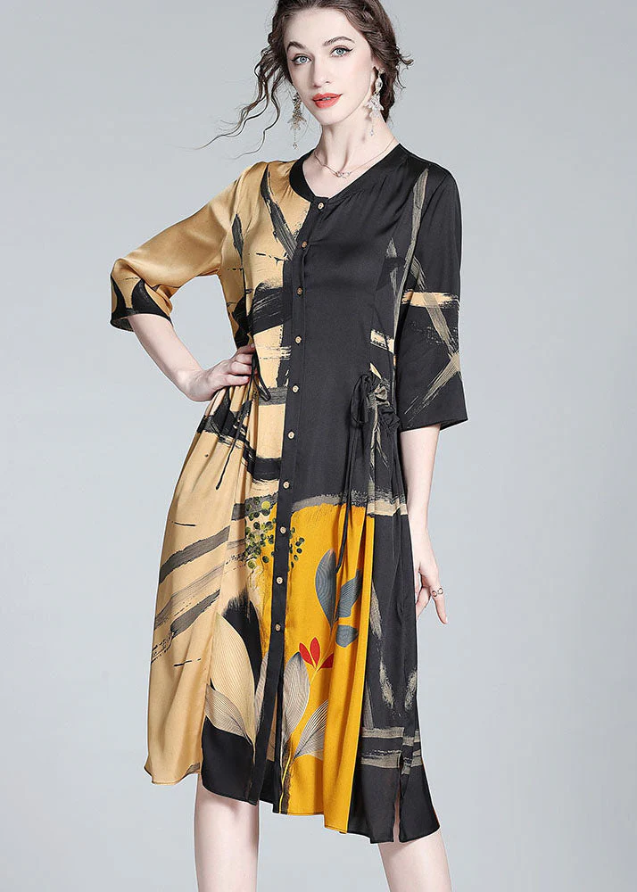 Stylish Colorblock Stand Collar Print Wrinkled Silk Dresses Bracelet Sleeve - republicanstateiStylish Colorblock Stand Collar Print Wrinkled Silk Dresses Bracelet Sleeve - republicanstatei