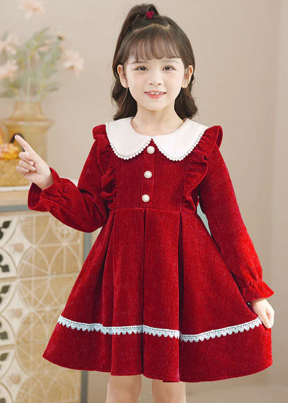 Pink Peter Pan Collar Ruffled Lace Patchwork Button Warm Fleece Kids Mid Dresses Long Sleeve - republicanstateiPink Peter Pan Collar Ruffled Lace Patchwork Button Warm Fleece Kids Mid Dresses Long Sleeve - republicanstatei