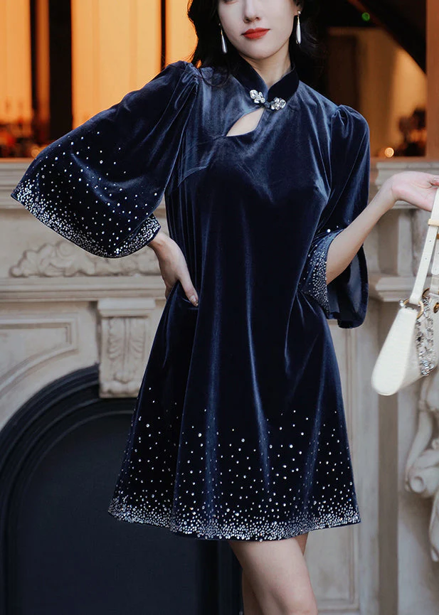 Unique Blue Stand Collar Dot Print Silk Velour Mid Dresses Half Sleeve - republicanstateiUnique Blue Stand Collar Dot Print Silk Velour Mid Dresses Half Sleeve - republicanstatei