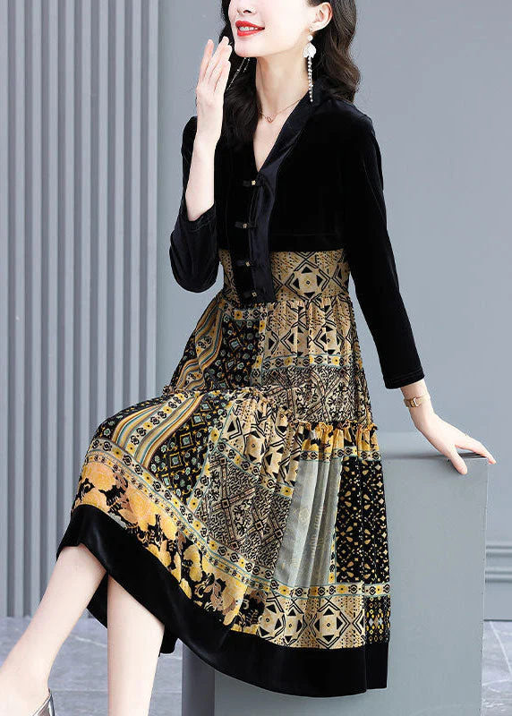 Boutique Black V Neck Patchwork Exra Large Hem Silk Velour Holiday Dress Spring - republicanstateiBoutique Black V Neck Patchwork Exra Large Hem Silk Velour Holiday Dress Spring - republicanstatei