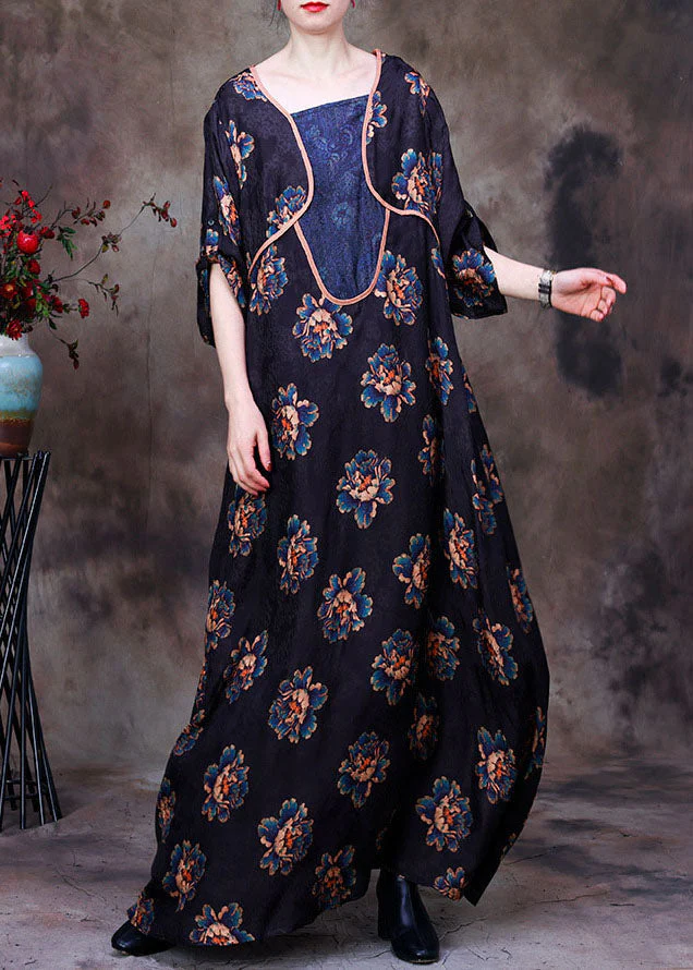 Vintage Navy Asymmetrical Patchwork Floral Print Silk Long Dress Long Sleeve - republicanstateiVintage Navy Asymmetrical Patchwork Floral Print Silk Long Dress Long Sleeve - republicanstatei