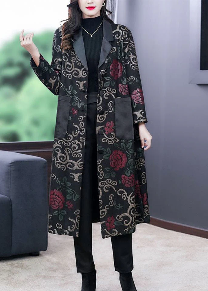 French Black Peter Pan Collar Patchwork Pockets Print Trench Coat Fall - republicanstateiFrench Black Peter Pan Collar Patchwork Pockets Print Trench Coat Fall - republicanstatei